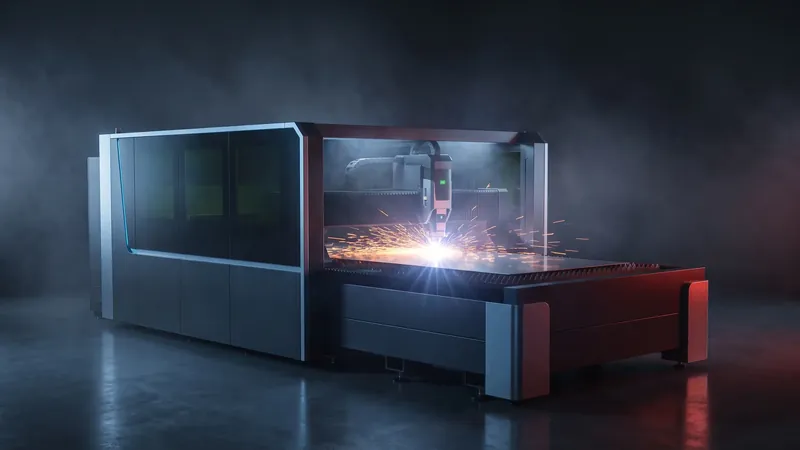 A fiber laser cutting head working across a steel sheet inside an enclosed machine, sparks thrown out from the cut