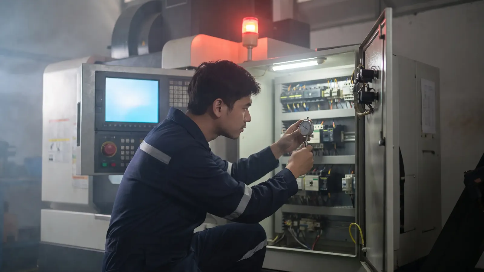 A service engineer testing components inside the open electrical cabinet of a CNC machine, its warning beacon lit above