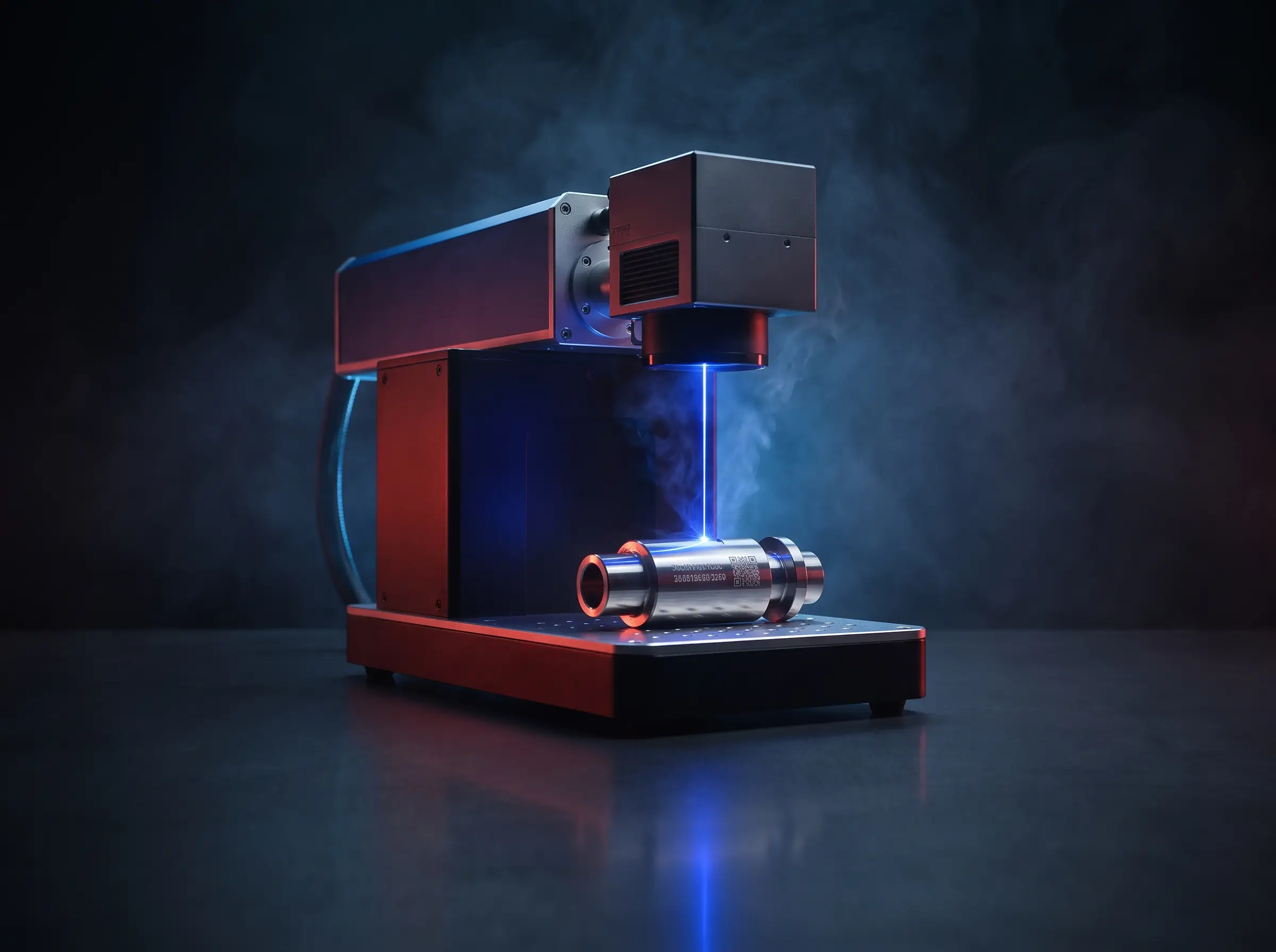 Benchtop fiber laser marking machine engraving a steel component