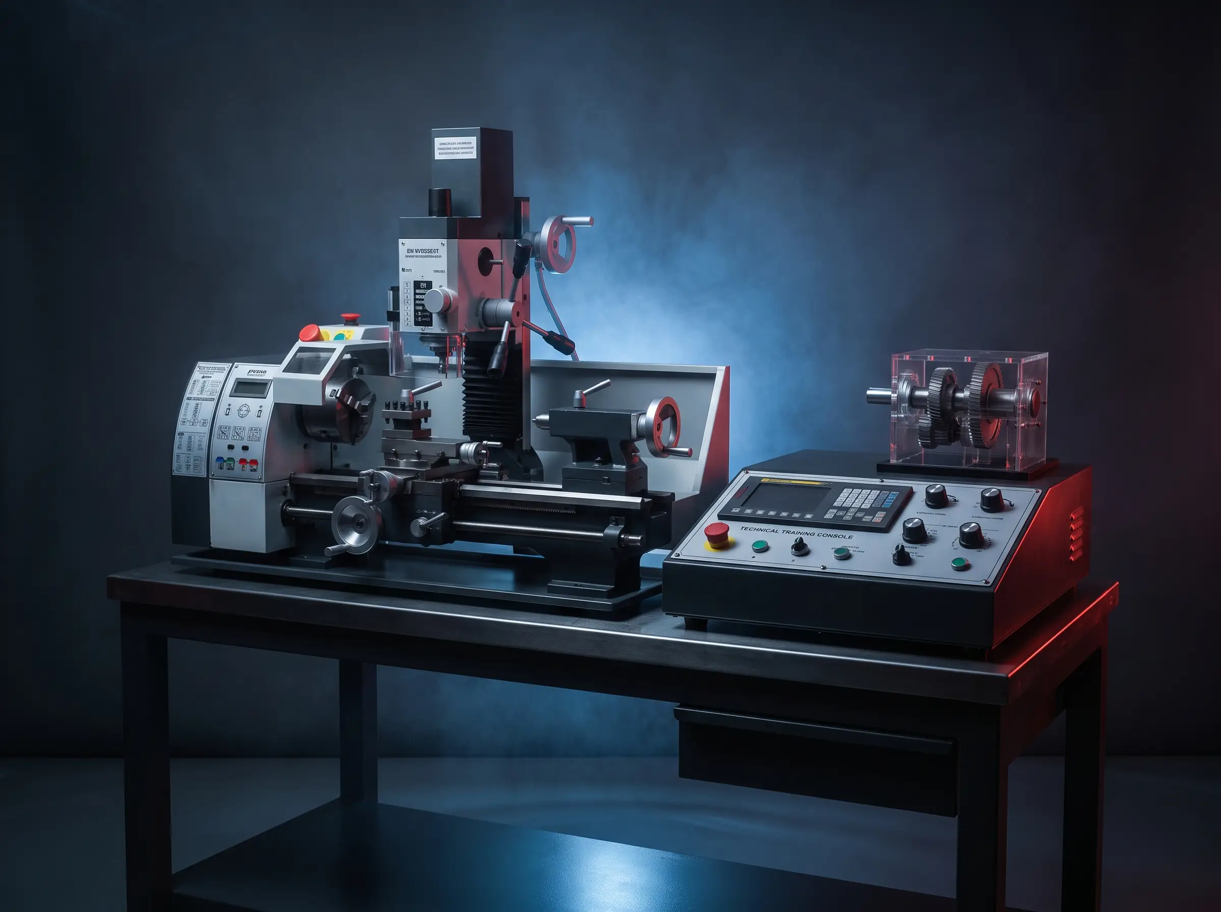 Benchtop educational CNC training lathe and mill on a teaching bench