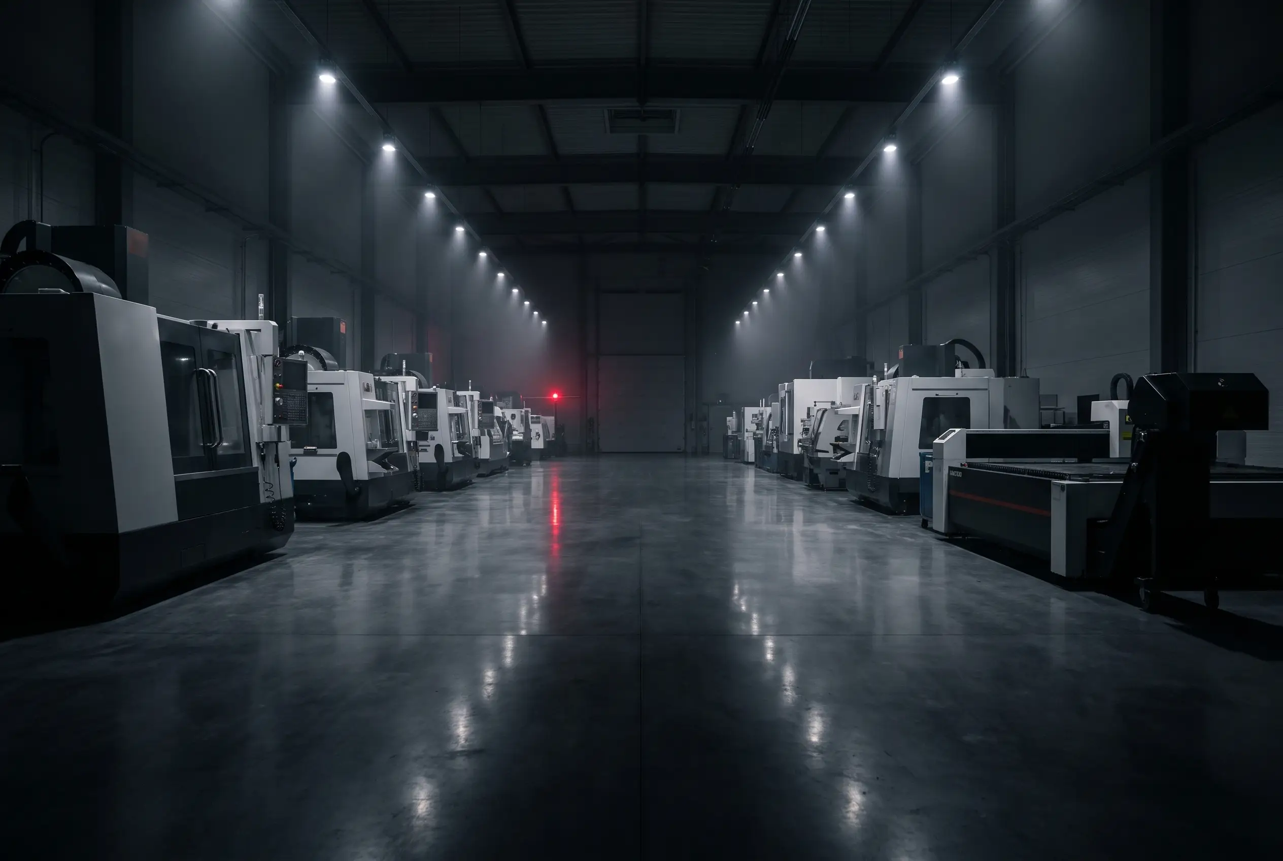 Sakkary machinery showroom at night, two rows of CNC machines under spotlights