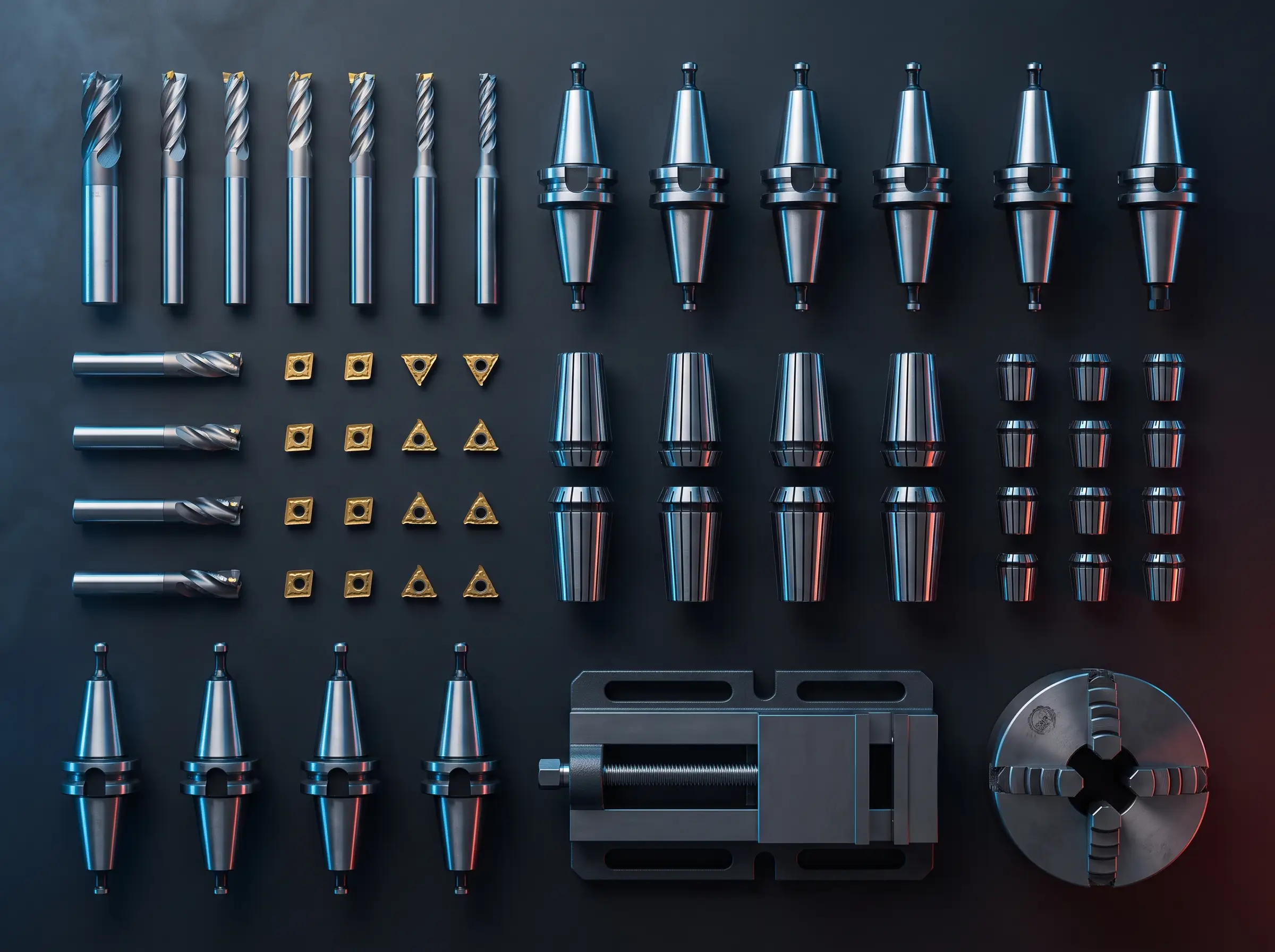 Flat-lay of carbide cutters, indexable inserts, tool holders, collets, a machine vice and a three-jaw chuck